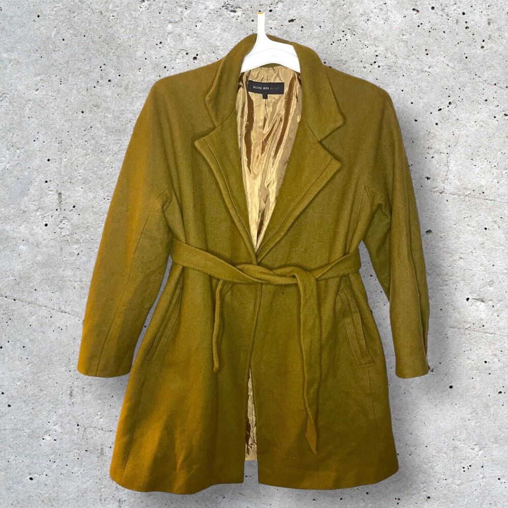 Olive Des Olive Wool Blend Coat Jacket Green Size 1 Waist Tye Korean